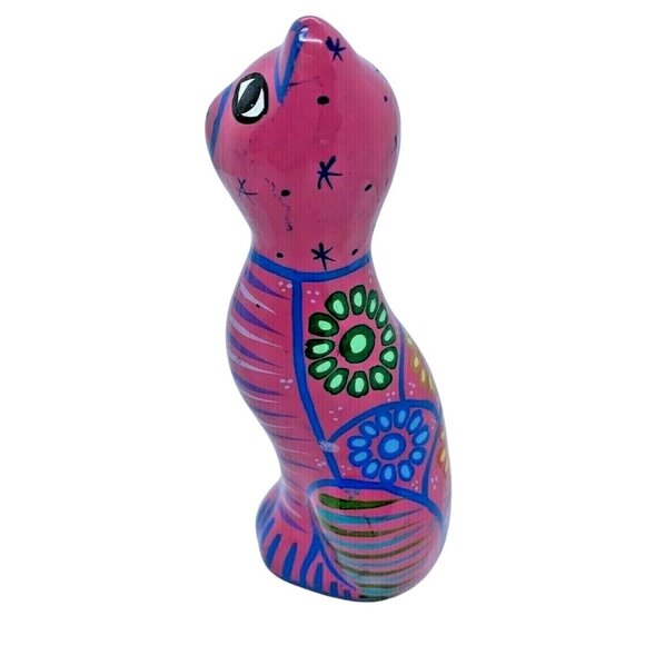 Talavera Pink Ceramic Cat Handmade & Painted Mexican Folk Art Huichol Alebrijes - Picture 6 of 8